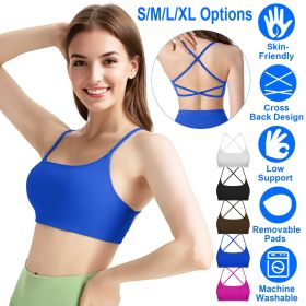 1Pc/3Pcs Women Cross Back Sport Bras Padded Strappy Crop Open Back Low Impact Bras Sexy Fitness Tank Tops (Color: 1PcBlue, size: M)