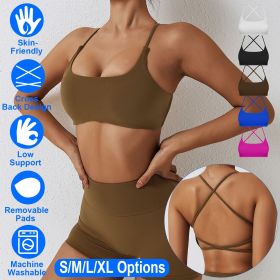 1Pc/3Pcs Women Cross Back Sport Bras Padded Strappy Crop Open Back Low Impact Bras Sexy Fitness Tank Tops (Color: 1PcBrown, size: M)